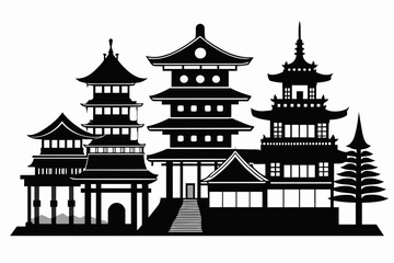 Japanese architecture set, black color, white background