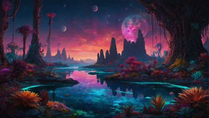 Amid the vast darkness of space, a bioluminescent schlocky space oasis shimmers with vibrant hues and whimsical shapes. - obrazy, fototapety, plakaty