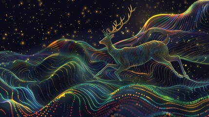 Deer leaps mountain night, stars scatter behind, sky filled with shining stars