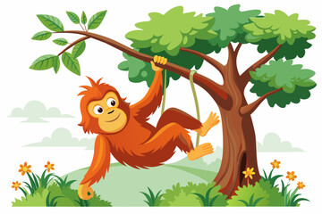 The Orangutan Swinging From Tree to Tree on white background