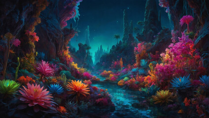 Fototapeta na wymiar Amid the vast darkness of space, a bioluminescent schlocky space oasis shimmers with vibrant hues and whimsical shapes.