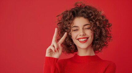 Curly hair girl winking and smiling generative ai - obrazy, fototapety, plakaty