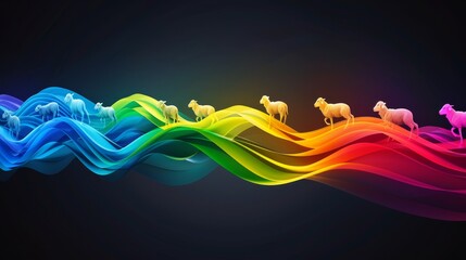   A group of horses atop a rainbow-hued wave of manes against a black backdrop - obrazy, fototapety, plakaty