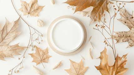 A product podium with autumn leaves on a white background