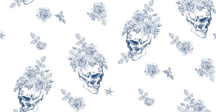 Vintage skull with flowers seamless pattern on transparent background	