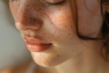 portrait of a woman's face in natural light, the delicate contours and radiant youthfulness of her skin. Close up