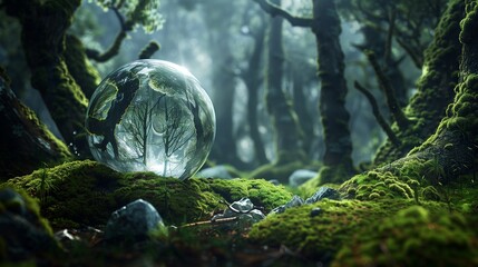 Whispers of the Wilderness: A Globe Amongst Ancient Forest Moss This image reveals a detailed,...