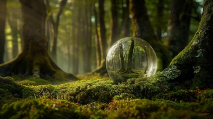 Whispers of the Wilderness: A Globe Amongst Ancient Forest Moss This image reveals a detailed, translucent globe, appearing almost as a delicate bubble, resting on a patch of ancient, deep green moss. - obrazy, fototapety, plakaty