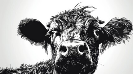   A black-and-white drawing of a cow's face with a sad expression and a prominent nostril - obrazy, fototapety, plakaty