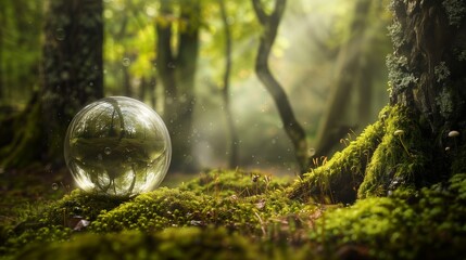 Whispers of the Wilderness: A Globe Amongst Ancient Forest Moss This image reveals a detailed, translucent globe, appearing almost as a delicate bubble, resting on a patch of ancient, deep green moss. - obrazy, fototapety, plakaty