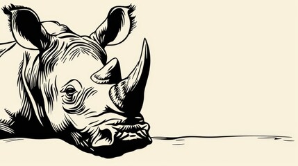   A black-and-white drawing of a rhino lying down, head turned sideways, resting chin on the ground - obrazy, fototapety, plakaty