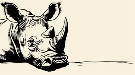 Foto op Aluminium   A black-and-white drawing of a rhino lying down, head turned sideways, resting chin on the ground © Nadia
