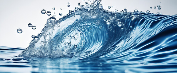  Water wave background with bubbles and splash, blue color on white background, water concept design for fresh drink product banner or web site mockup template. 