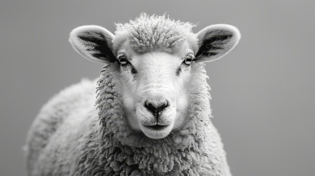   A black-and-white image of a sheep gazing at the camera with a melancholic expression