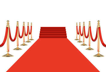 Red carpet on stairs with red ropes on golden stanchions. Png clipart isolated on transparent background - obrazy, fototapety, plakaty