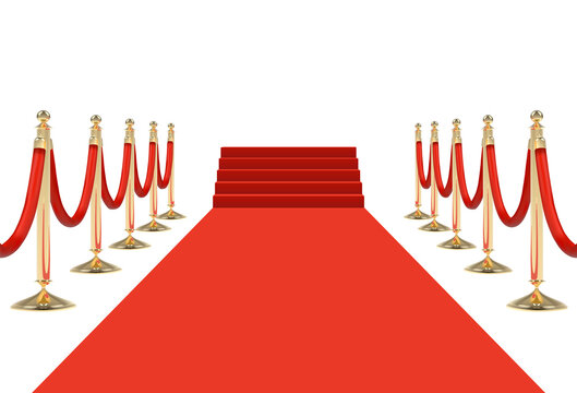 Red carpet on stairs with red ropes on golden stanchions. Png clipart isolated on transparent background