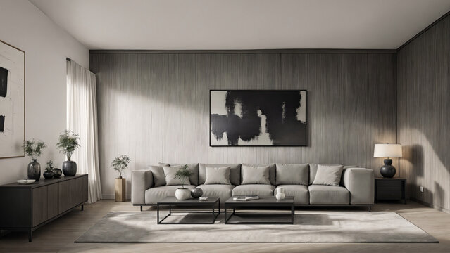 Modern cozy, bright living room with a sofa, painting, flowers. Stylish scandinavian living room with design furniture