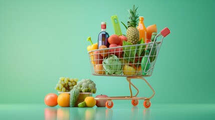 shopping cart full of fresh products, online food shopping concept generative ai