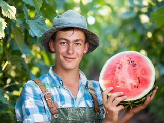A young farmer holding watermelon