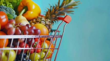 shopping cart full of fresh products, online food shopping concept generative ai