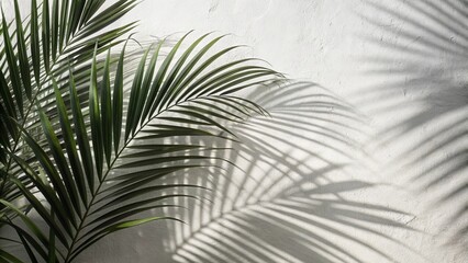 palm leaves background, Natural shadow cast by palm leaves overlaying a textured white wall, creating a serene backdrop for product presentations and mockups.