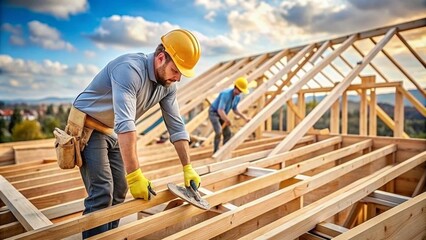 construction worker on the roof,A roofer-builder diligently working on the roof structure at a construction site. A Caucasian contractor oversees the wooden house frame. Industrial vibes permeate the 