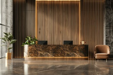 Interior of modern Reception with wooden and concrete walls, Ai Generated