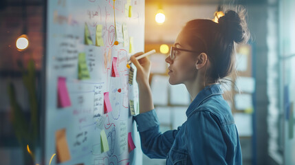 A young businesswoman writing on a whiteboard with sticky notes in her office, engaged in creative thinking and brainstorming. A female professional designer sketches ideas on the board - obrazy, fototapety, plakaty