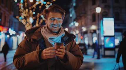 A young man on a bright street at night with a hot drink. generative ai