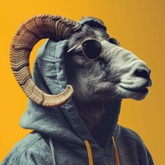 Portrait of a stylish ram in a hoodie and in sunglasses on a one color background - generative ai