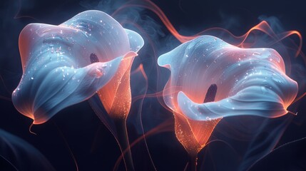   A tight shot of a flower against a black backdrop, featuring a blue background and a pink blossom on its right side