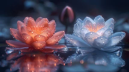 Foto op Canvas   Two water lilies float on the surface of the water, adorned with pearls of dew on their petals © Nadia