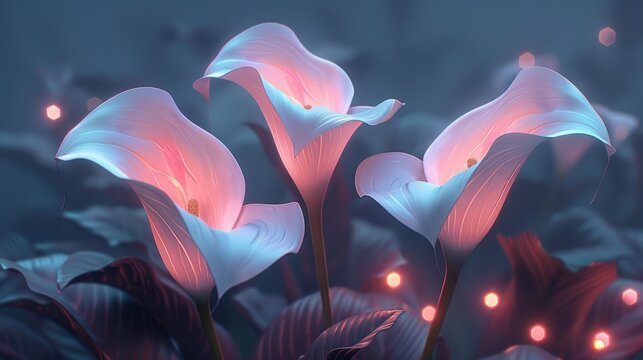  Three pink flowers in a sea of blue and pink blooms Their petals surround a radiant center of glowing lights