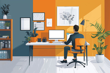 Man Sitting at Desk Working on Computer