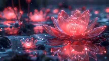   A pink water lily atop serene water, surrounded by more blooms