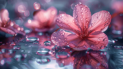   A close-up of a pink flower with water droplets on its petals