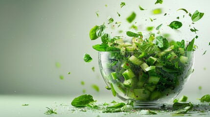   A glass bowl brimming with cucumbers and green leafy vegetables, gently cascading from the top to the bottom