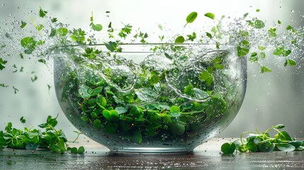   A glass bowl brimming with verdant plants and water cascading over its rim into the air
