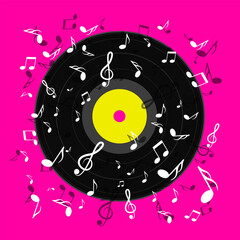 Music design with notes and vinyl record on pink background, vector
