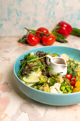 A Balanced Diet Plate With Vegetables, Salad And Dressing. Salad Bowl.