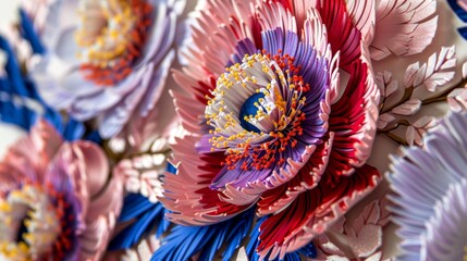  multiple hues of paper flowers in the image's center Middle features a bloom each of blue, red, white, purple, pink, and