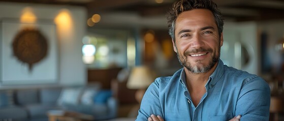 Fototapeta premium Confident businessman smiling with folded hands in office setting: A portrait. Concept Confident Businessman, Smiling, Folded Hands, Office Setting, Portrait