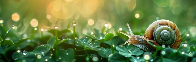 a snail on th green grass in th early morning with dew drops  - obrazy, fototapety, plakaty