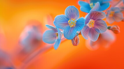   A cluster of blue blooms atop an orange and pink backdrop, including an orange sunset sky