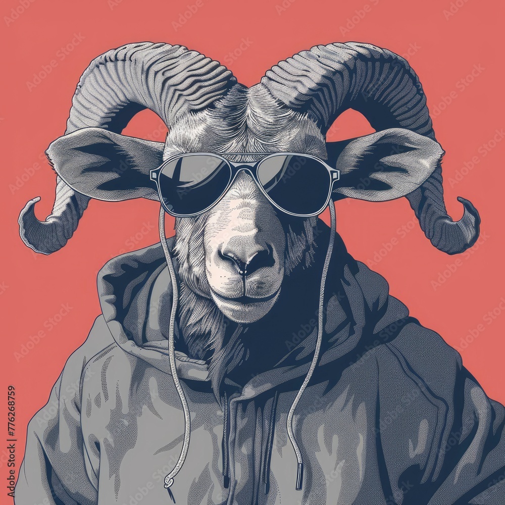 Wall mural Portrait of a stylish ram in a hoodie and in sunglasses on a one color background - generative ai