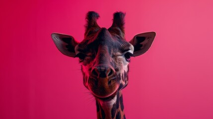   Giraffe head close-up against pink background ..Or, for a more descriptive version: Intimate shot of a giraffe's - obrazy, fototapety, plakaty