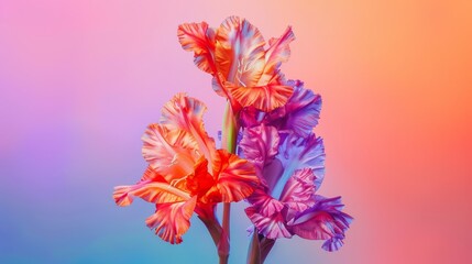   A tight shot of numerous blooms against a backdrop of blue, pink, and orange hues, softened by a blurred background