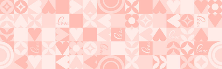 Seamless pink background for Mother's Day card template. Trendy geometric shapes with circles, squares and hearts in retro style for a Valentine's Day or wedding day cover. - 776269144