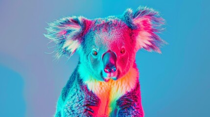   A tight shot of a koala on a blue backdrop, gaze fixed on the camera, surrounded by a multicolored surround