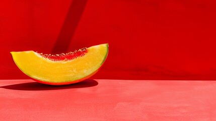  A watermelon slice on a red table against a red wall